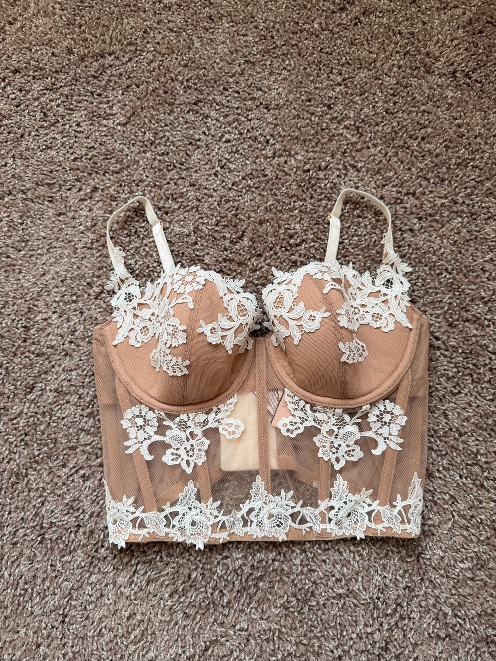 Victoria's Secret Beige Longline Bustier Bralette with Ivory Floral Lace